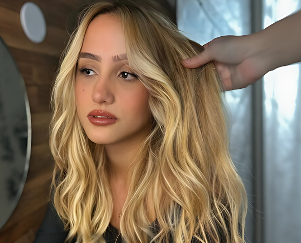 Resultado de coloração loiro premium com mechas douradas no salão Myrage Beauty Concept